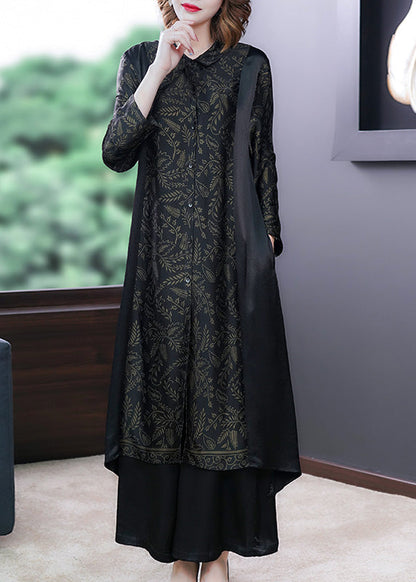 Black Print Button Silk Long Shirts and Wide Leg Pants Two Piece Set Long Sleeve