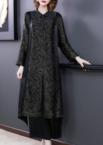 Black Print Button Silk Long Shirts and Wide Leg Pants Two Piece Set Long Sleeve