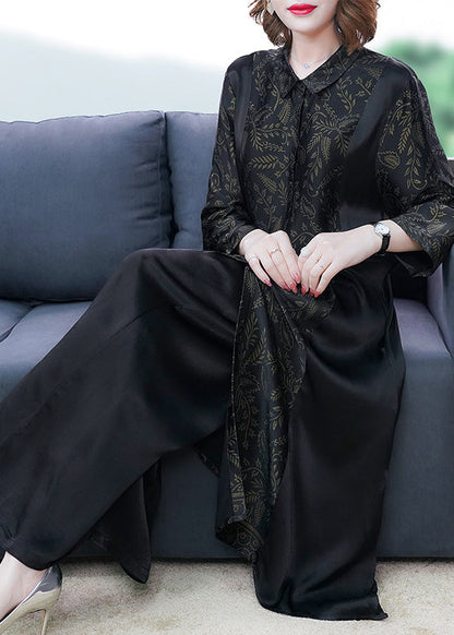 Black Print Button Silk Long Shirts and Wide Leg Pants Two Piece Set Long Sleeve