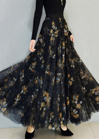 Black Print High Waist Maxi Skirts Spring