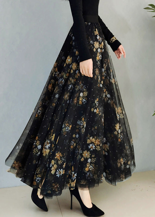 Black Print High Waist Maxi Skirts Spring