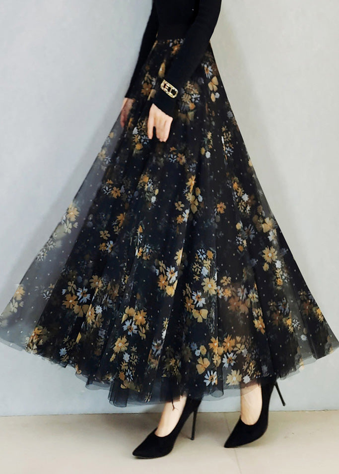 Black Print High Waist Maxi Skirts Spring