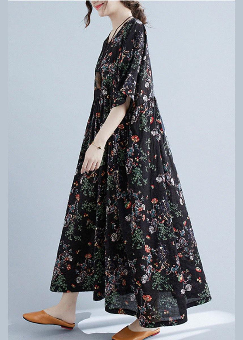 Black Print O-neck Patchwork Summer Robe Dresses Half Sleeve