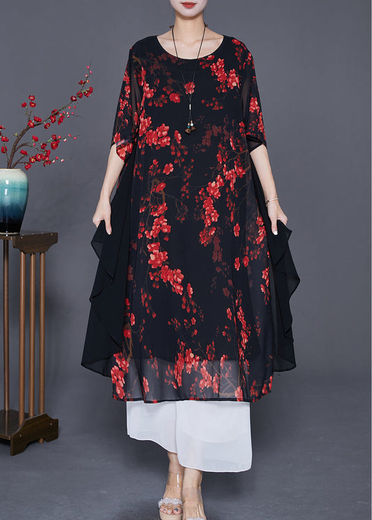Black Print Patchwork Ruffles Chiffon Dresses Summer