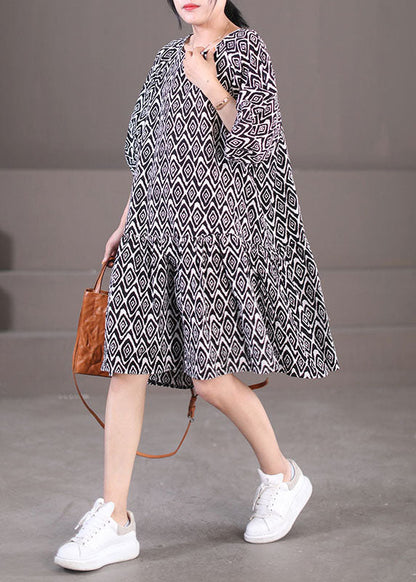 Black Puff Sleeve Plaid Print Patchwork Cotton a Line Dress Summer