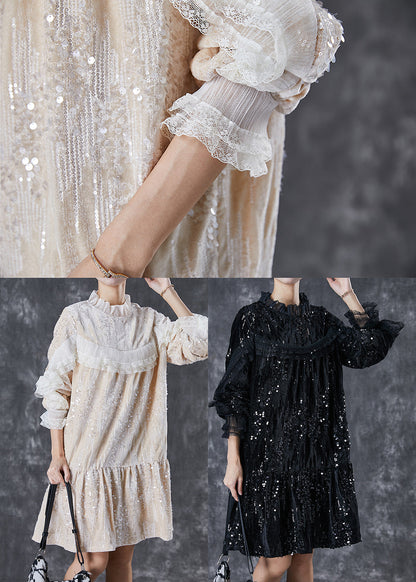 Black Sequins Patchwork Velour Mid Dresses Spring