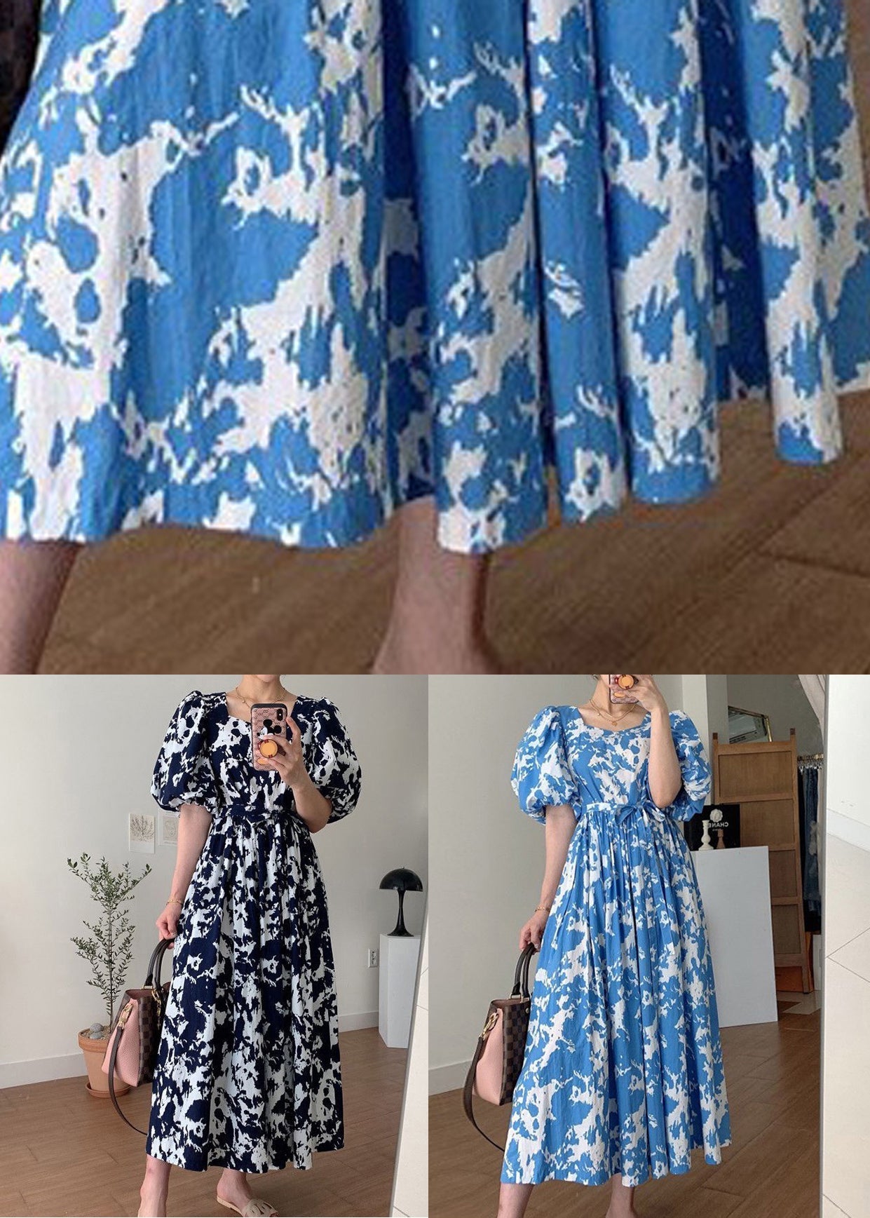 Black Square Collar Print Cotton Long Dress Summer