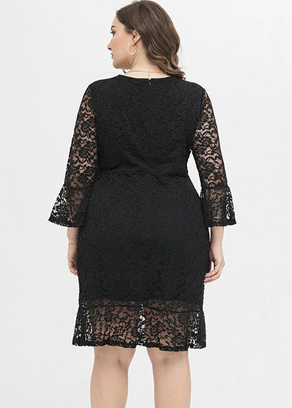 Black V Neck Lace Mid Dress Long Sleeve