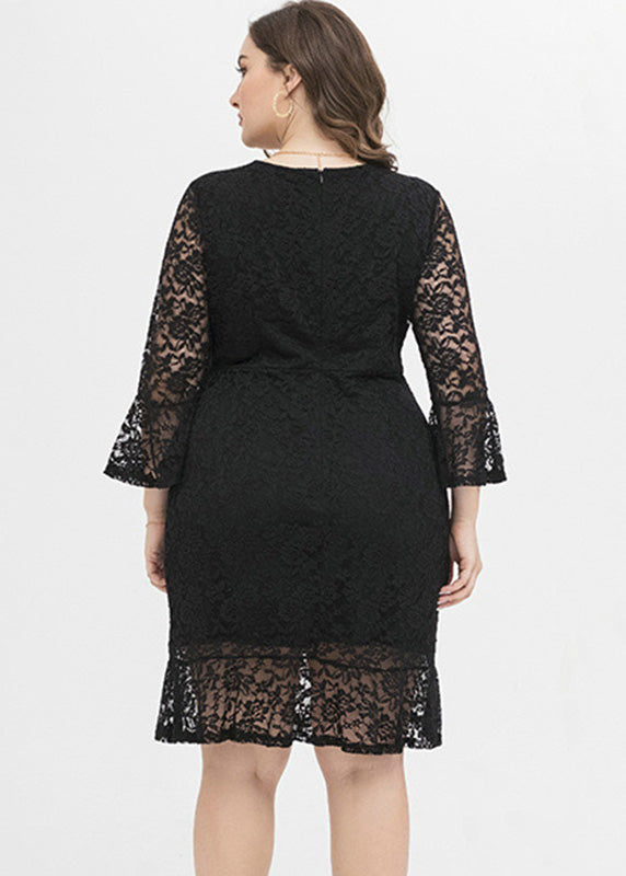 Black V Neck Lace Mid Dress Long Sleeve