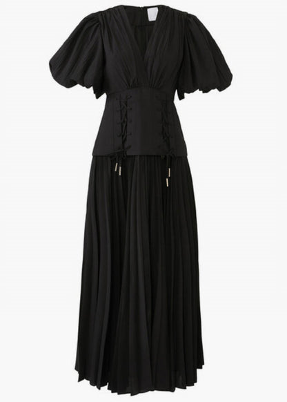 Black V Neck Lace Up Cotton Long Dresses Summer