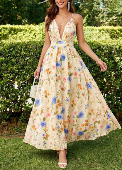 Black V Neck Print Chiffon Spaghetti Strap Dress Summer