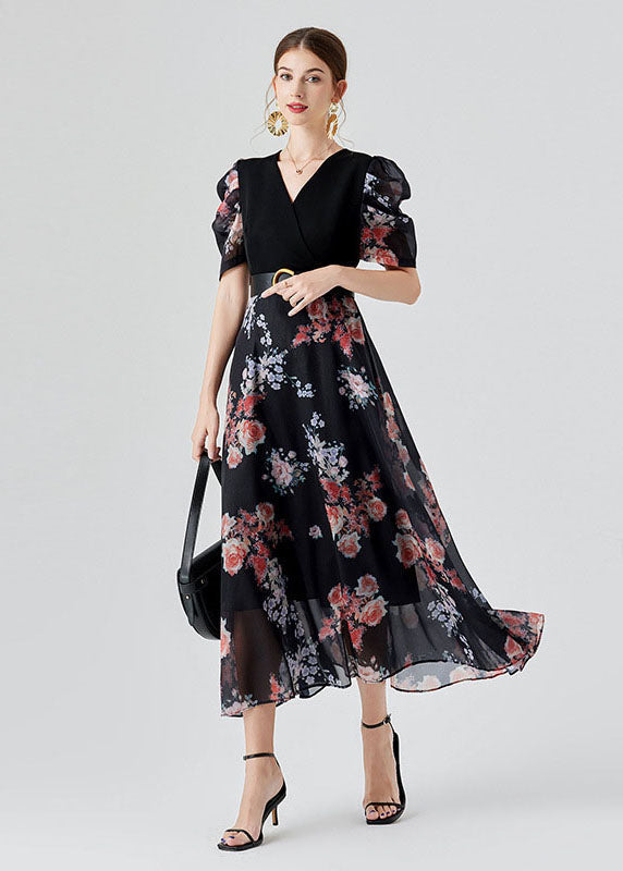 Black V Neck Print Sashes Patchwork Chiffon Long Dresses Puff Sleeve