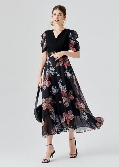 Black V Neck Print Sashes Patchwork Chiffon Long Dresses Puff Sleeve