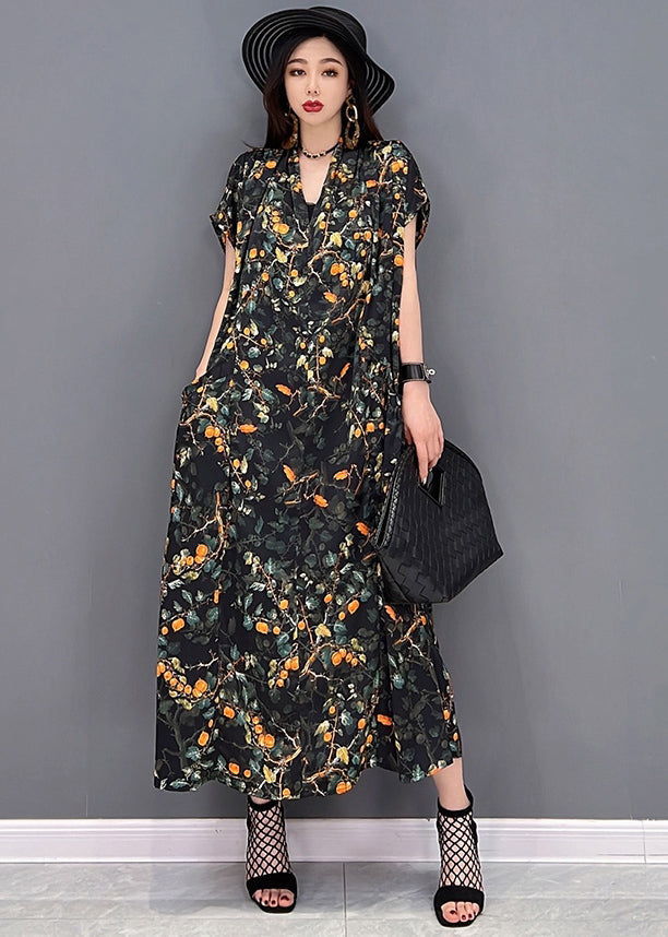 Black V Neck Print Silk Long Dress and Tulle Long Cardigan Two Pieces Set Summer