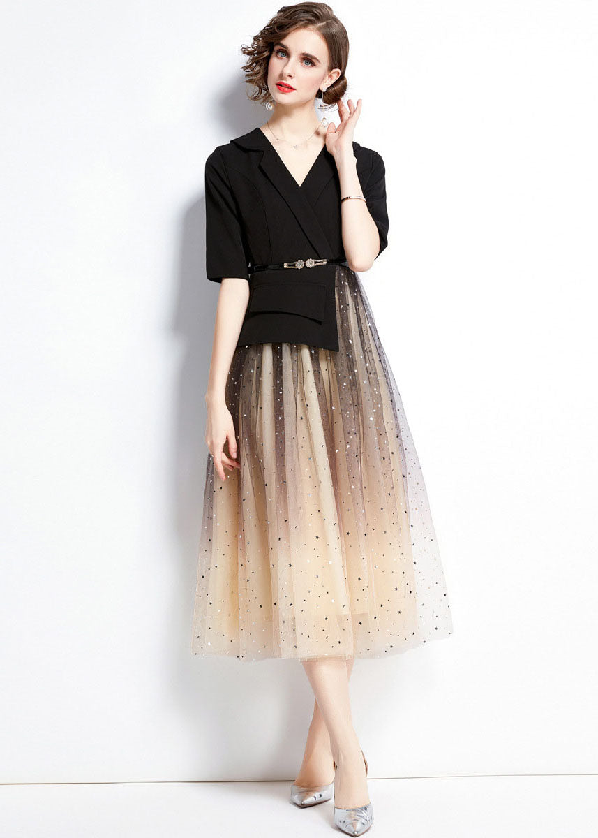 Black V Neck Sequins Tulle Patchwork Spandex Dresses Summer