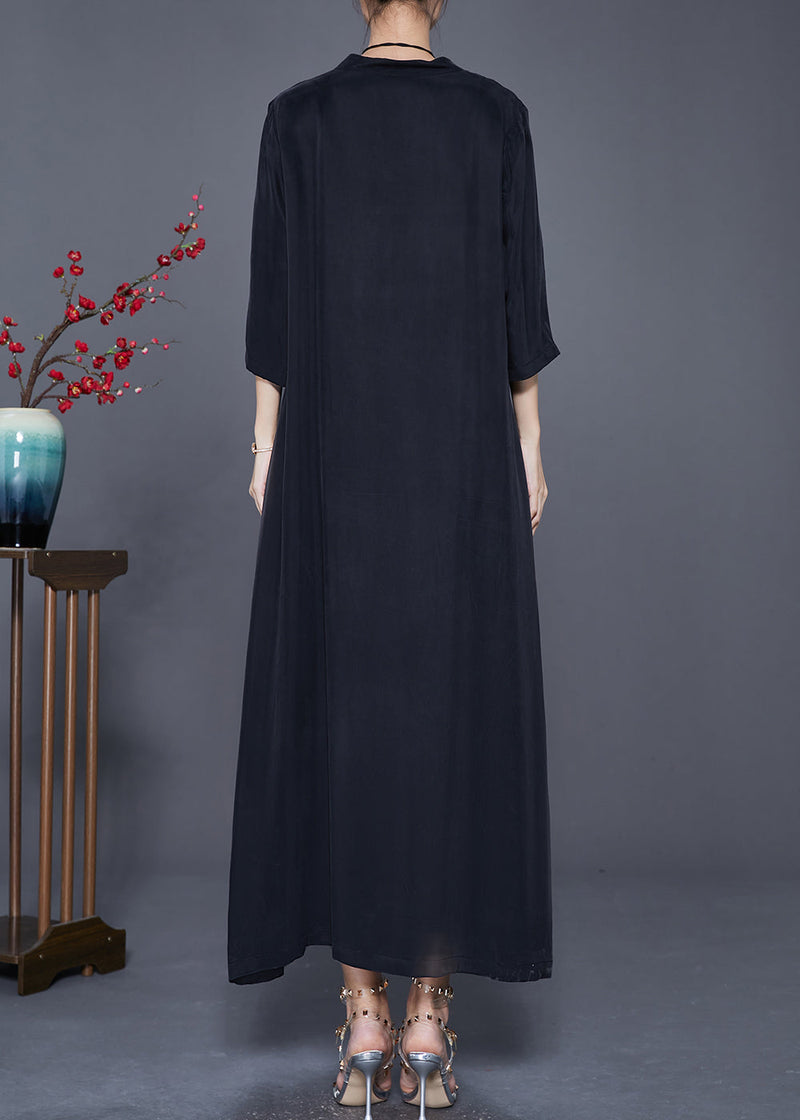 Black V Neck Side Open Silk Dresses Bracelet Sleeve