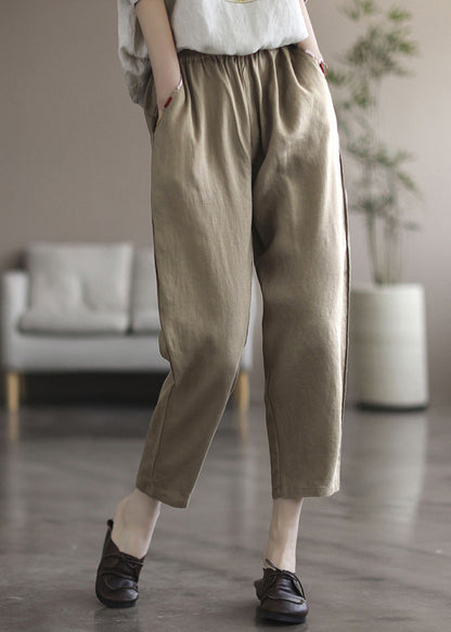 Black Tpatchwork Elastic Waist Linen Crop Pants