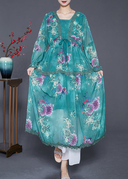 Blackish Green Cinched Patchwork Exra Large Hem Chiffon Beach Dress Summer