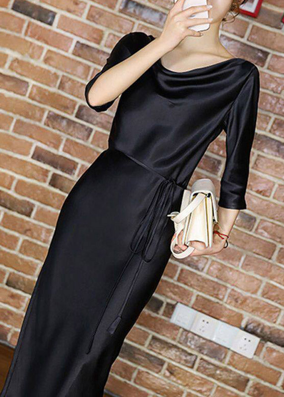 Blackish Green Slash Neck Tie Waist Silk Long Dresses Half Sleeve