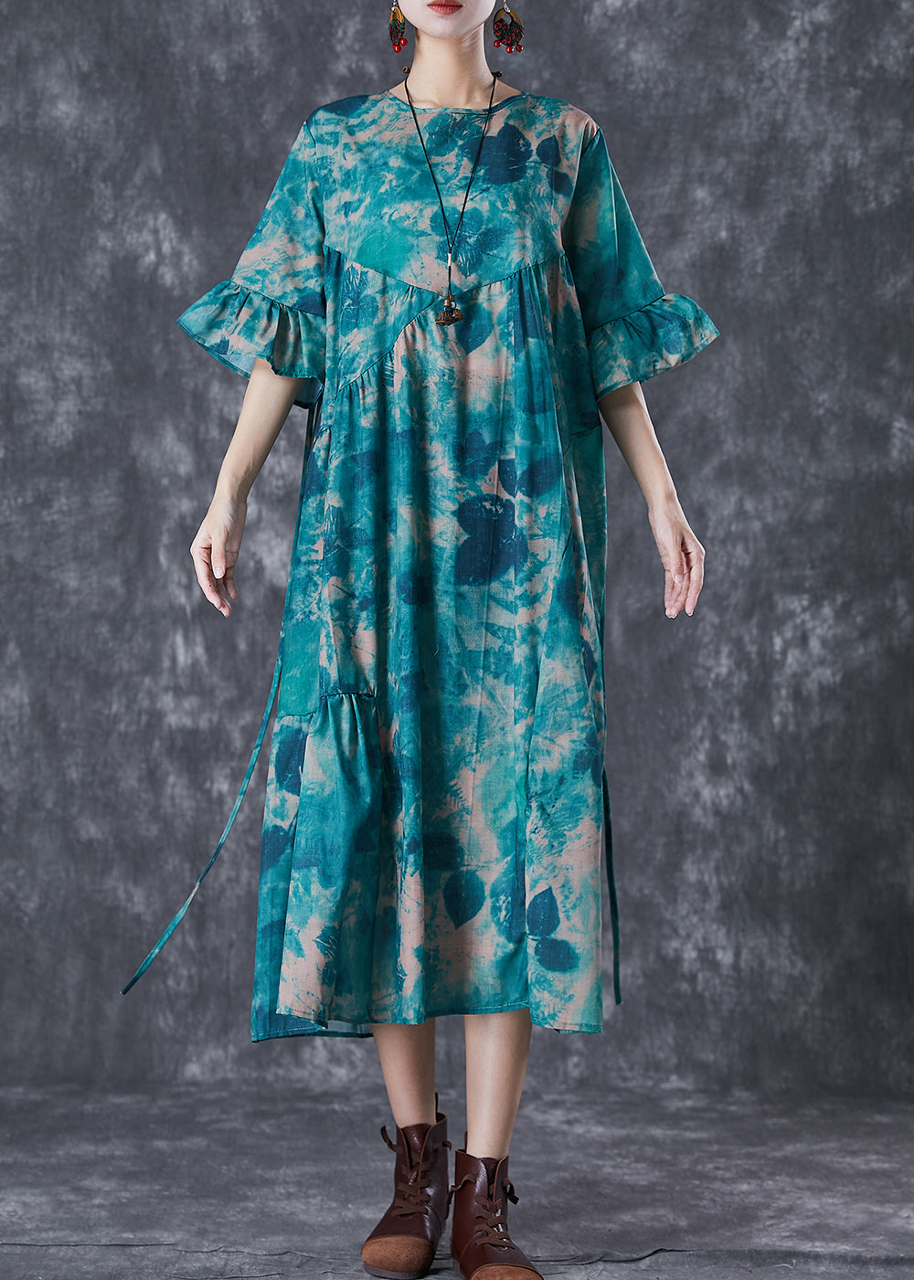 Blackish Green Tie Dye Wrinkled Cotton Dress Summer