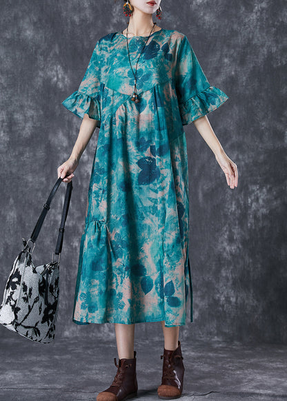 Blackish Green Tie Dye Wrinkled Cotton Dress Summer