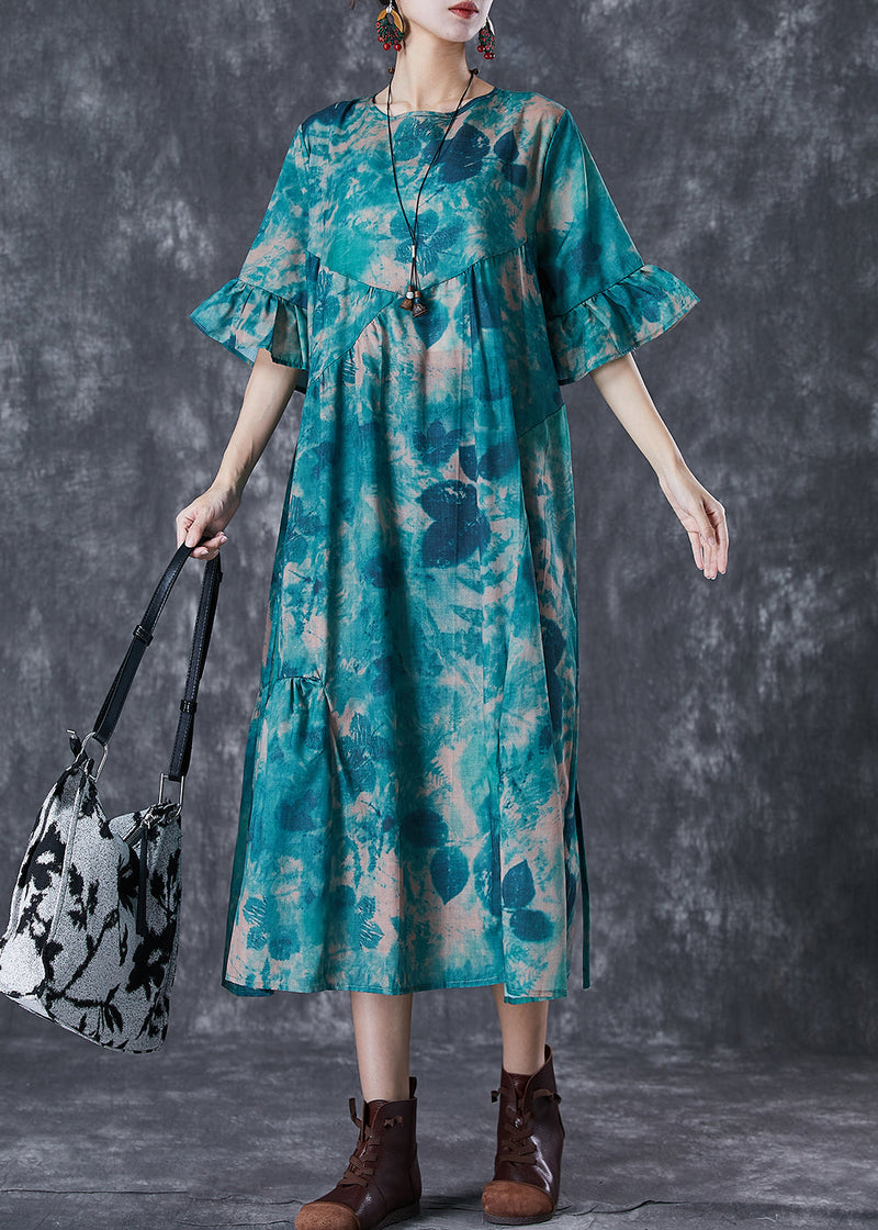 Blackish Green Tie Dye Wrinkled Cotton Dress Summer