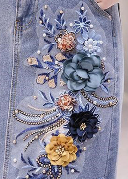 Blue Asymmetrical Patchwork Tassel Hole Denim Skirts Summer