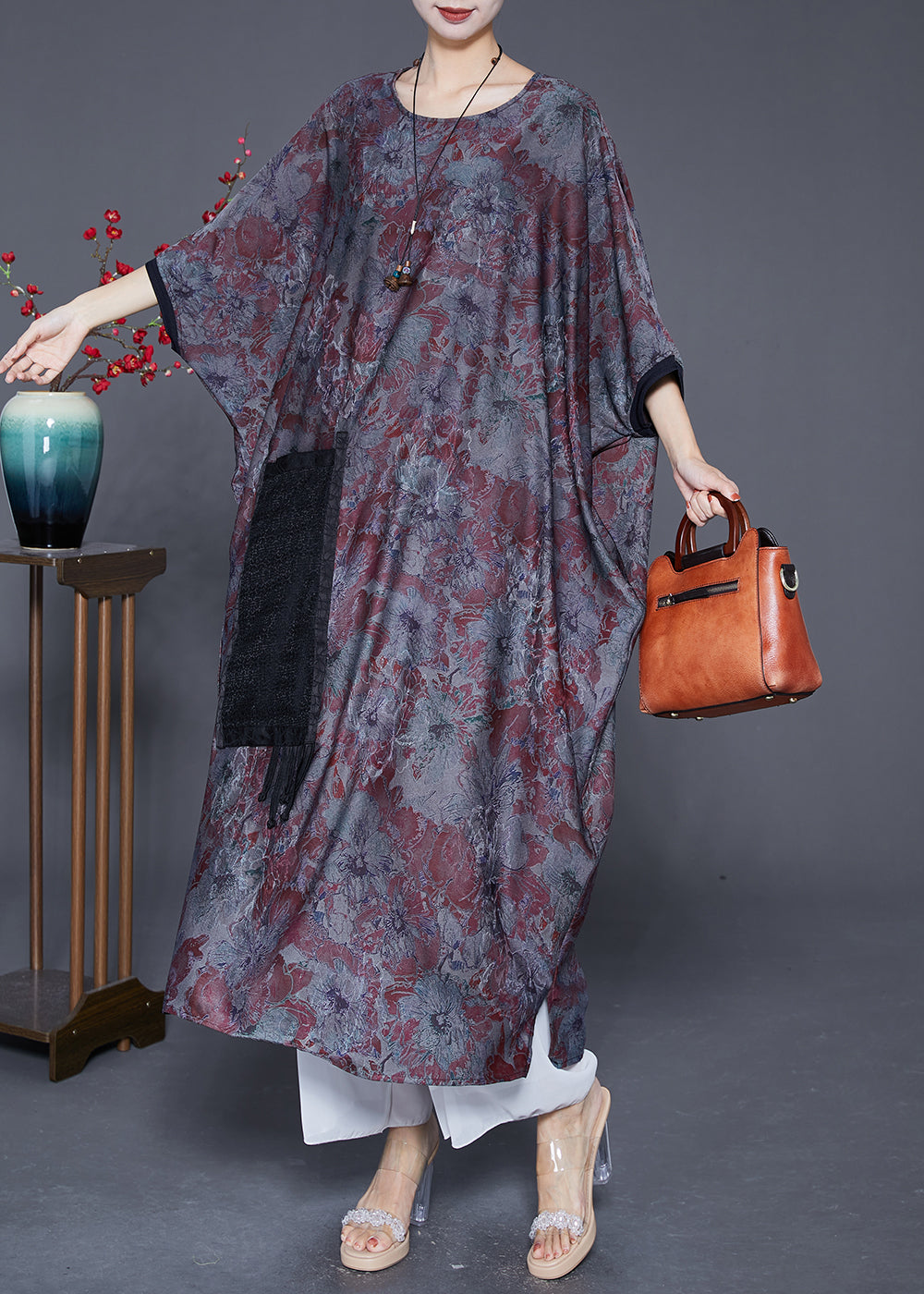 Blue Grey Oversized Patchwork Tassel Silk Dresses Batwing Sleeve