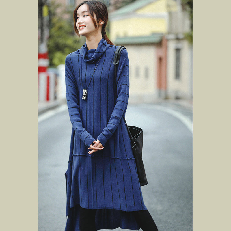 Blue High Neck Loose Sweater Dresses for