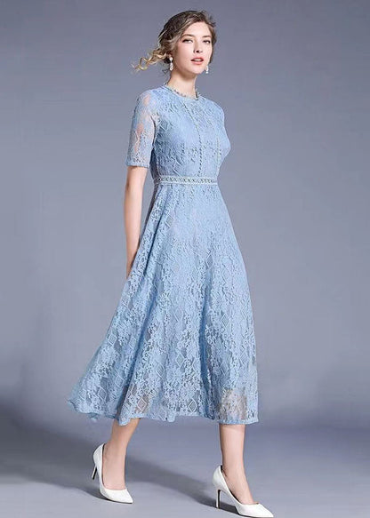 Blue Hollow Out Embroideried Patchwork Lace Long Dresses Summer