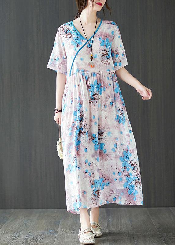 Blue Loose Patchwork Pockets Summer Vacation Dress Short Sleeve