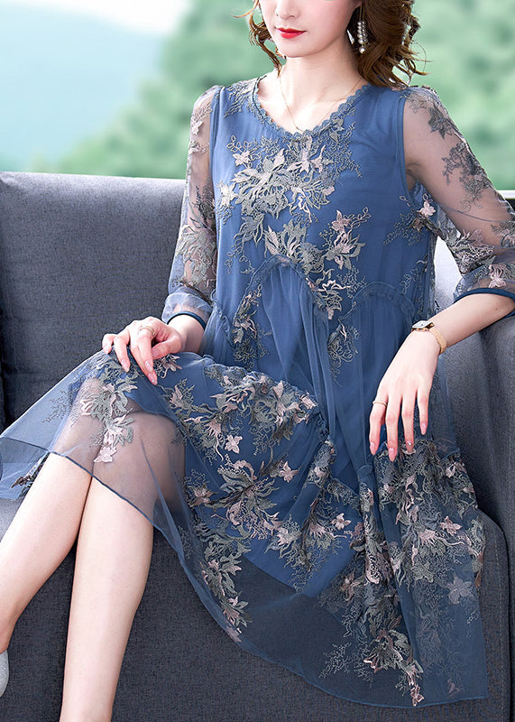 Blue O-neck Embroideried Patchwork Tulle Vacation Dresses Half Sleeve