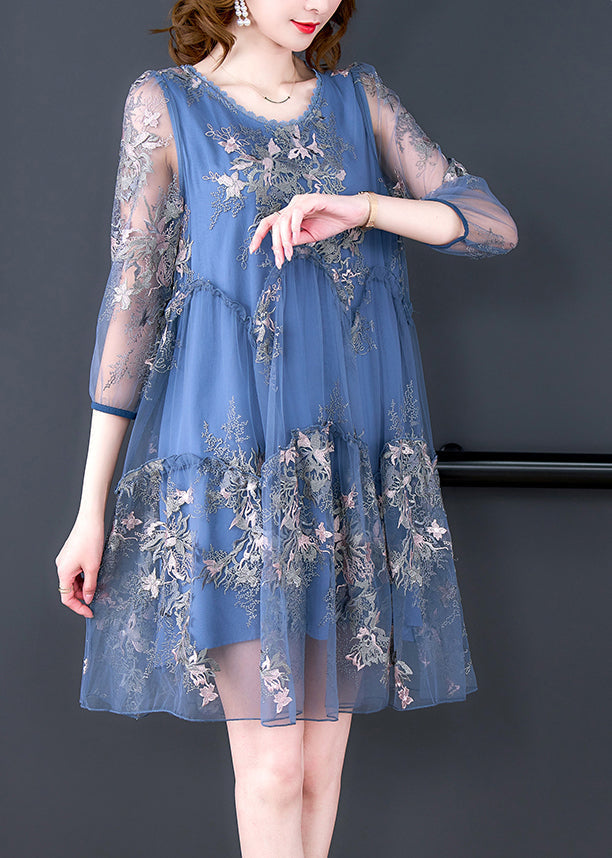 Blue O-neck Embroideried Patchwork Tulle Vacation Dresses Half Sleeve