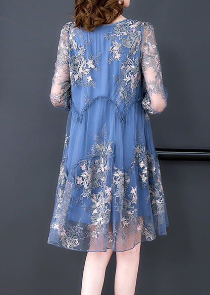 Blue O-neck Embroideried Patchwork Tulle Vacation Dresses Half Sleeve
