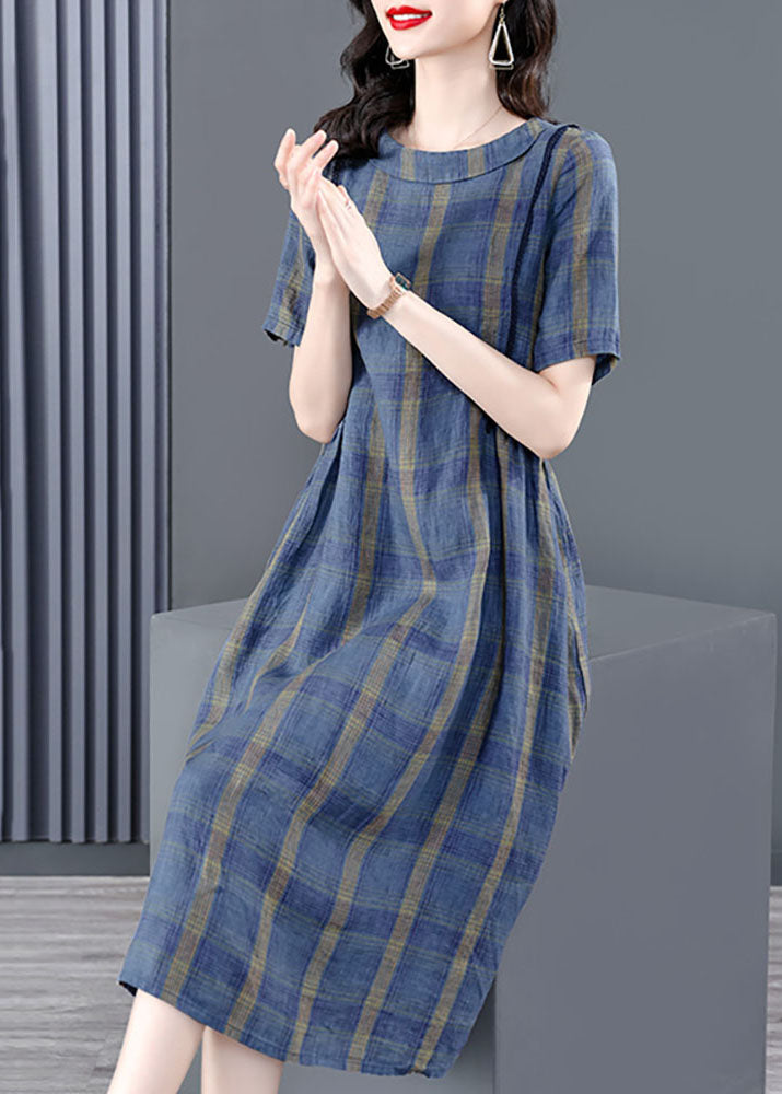 Blue O-neck Plaid Wrinkled Pockets Cotton Cinch Dress Short Sleeve