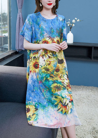 Blue O Neck the Sunflowers Patchwork Chiffon Dresses Summer