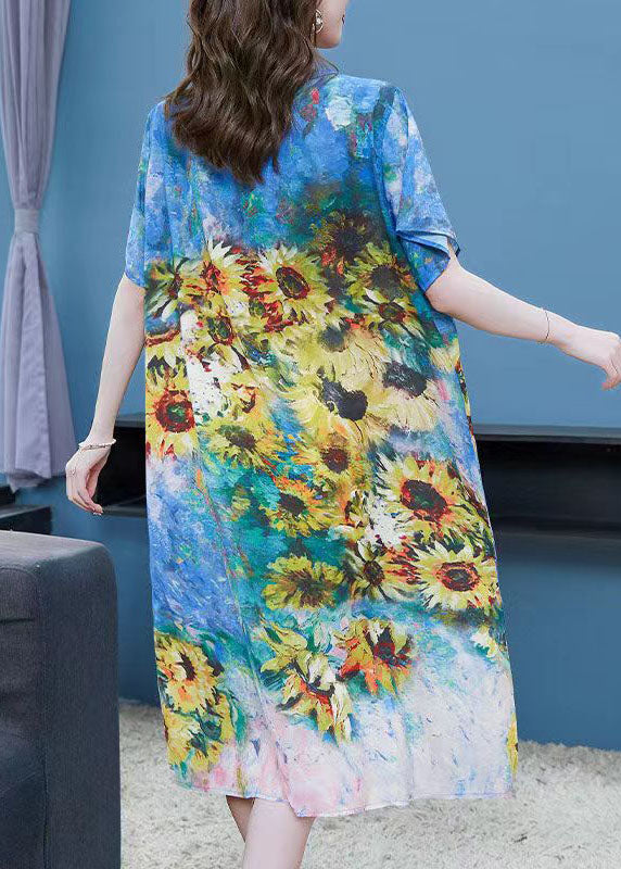 Blue O Neck the Sunflowers Patchwork Chiffon Dresses Summer