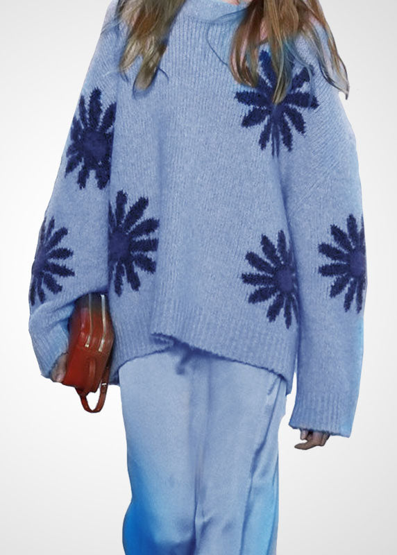 Blue O-neck Thick Jacquard Cozy Wool Sweaters Winter