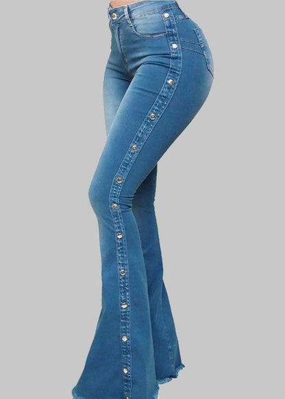 Blue Pockets Patchwork High Waist Denim Flared Trousers Spring