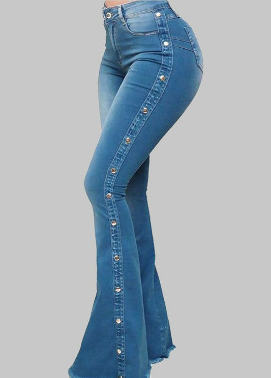 Blue Pockets Patchwork High Waist Denim Flared Trousers Spring