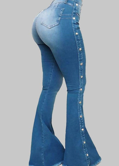 Blue Pockets Patchwork High Waist Denim Flared Trousers Spring