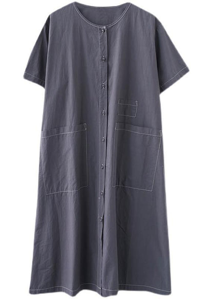 Blue Pockets Short Sleeve Maxi Summer Cotton Dress