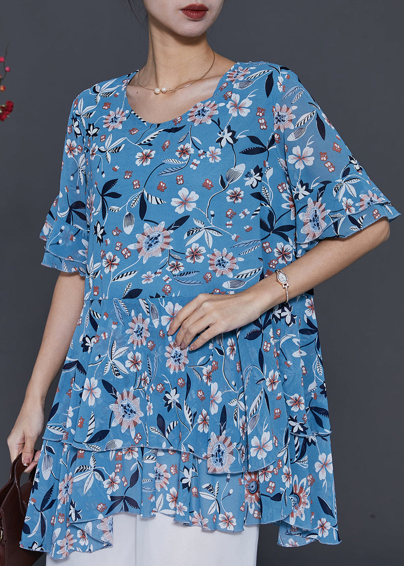 Blue Print Silm Fit Chiffon Shirt Summer