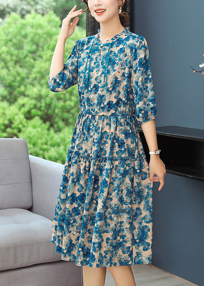 Blue Print Tunic Dresses Ruffled Summer