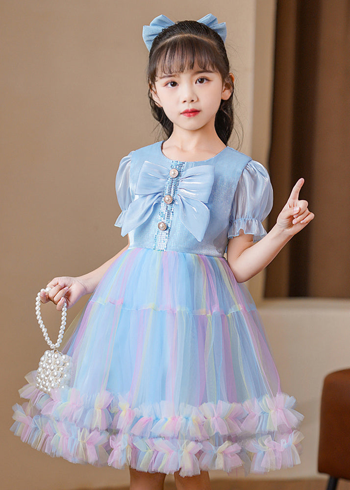 Blue Puff Sleeve Rainbow Exra Large Hem Tulle Kids Dress Summer