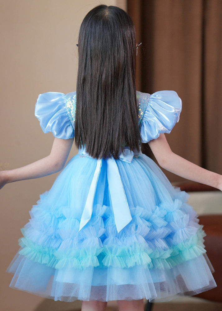 Blue Ruffled Tulle Kids Long Dress Puff Sleeve