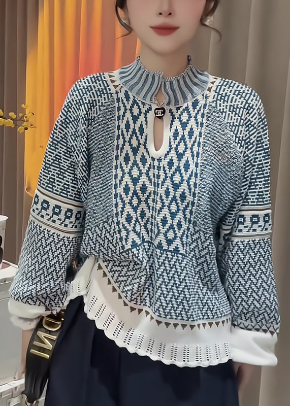 Blue Stand Collar Print Knit Sweater Spring