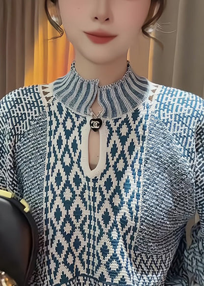 Blue Stand Collar Print Knit Sweater Spring