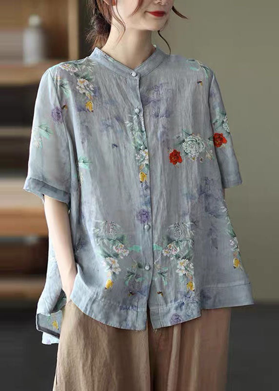 Colorful Hearts Stand Collar Print Tops Half Sleeve