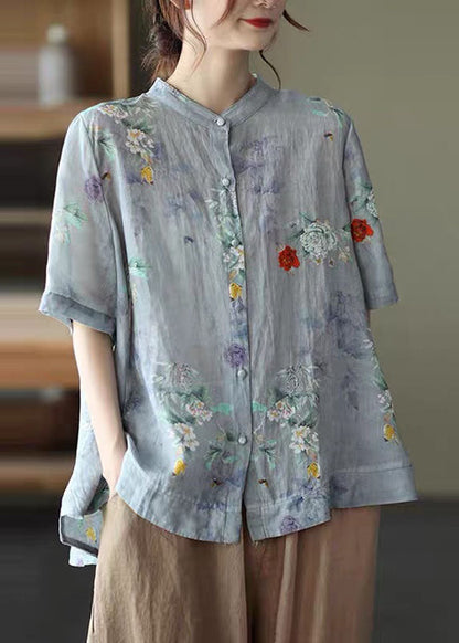 Colorful Hearts Stand Collar Print Tops Half Sleeve